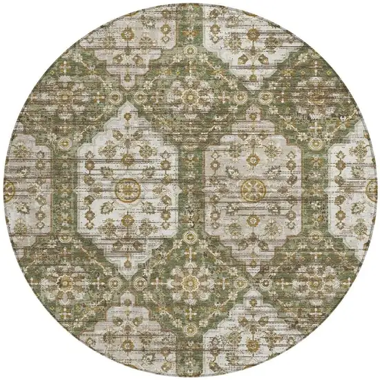 8' Olive Green And Green Round Damask Washable Indoor Outdoor Area Rug Photo 3