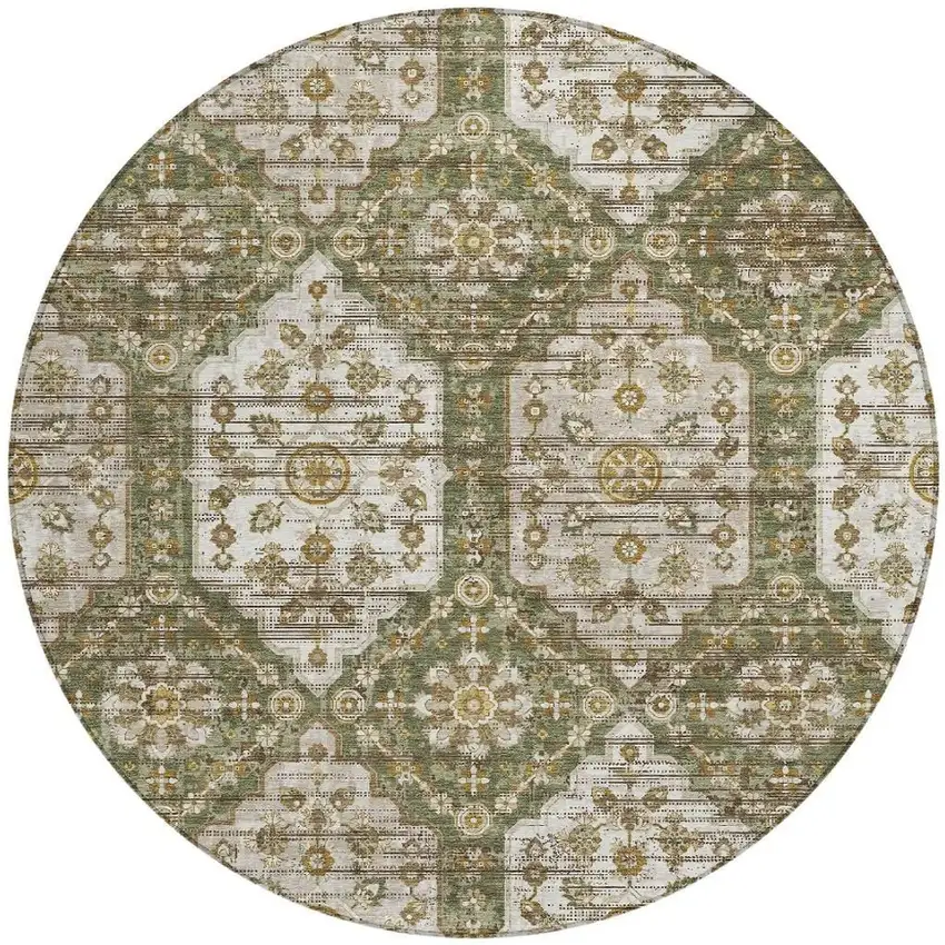 8' Olive Green And Green Round Damask Washable Indoor Outdoor Area Rug Photo 3