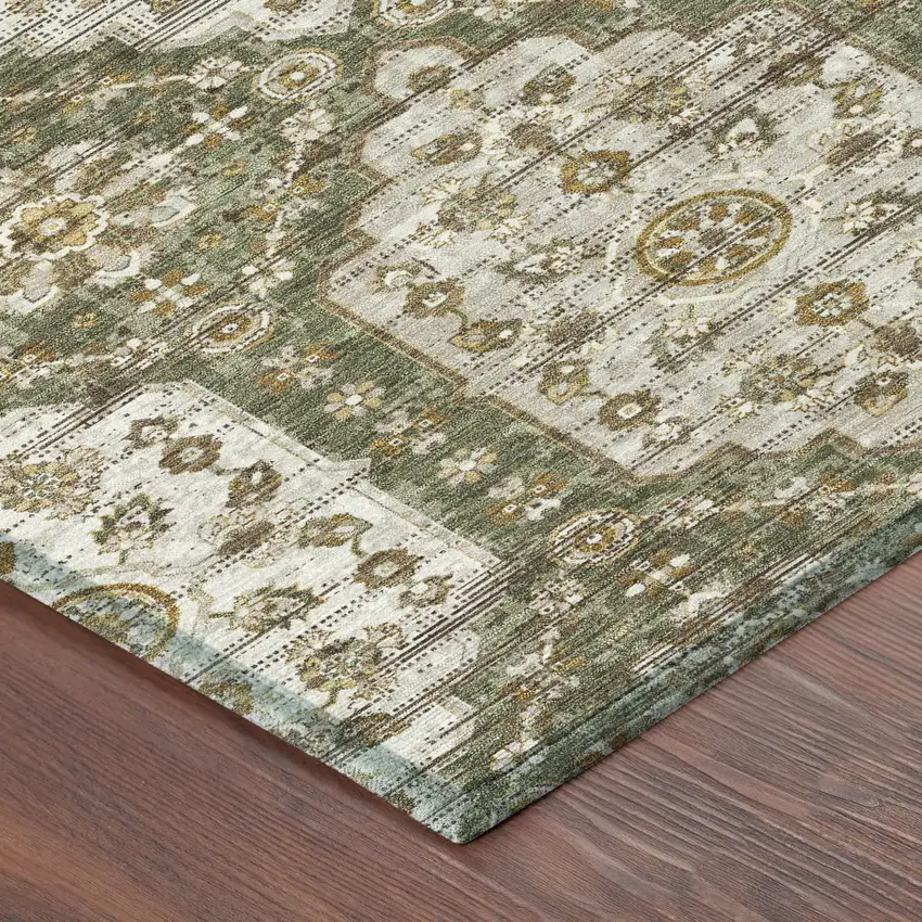 8' Olive Green And Green Round Damask Washable Indoor Outdoor Area Rug Photo 4