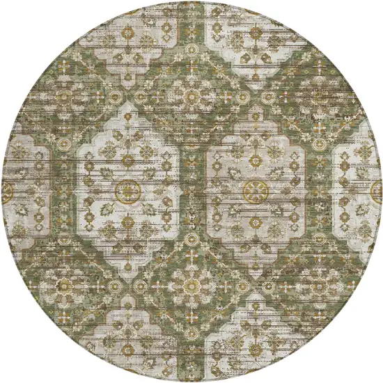 8' Olive Green And Green Round Damask Washable Indoor Outdoor Area Rug Photo 1