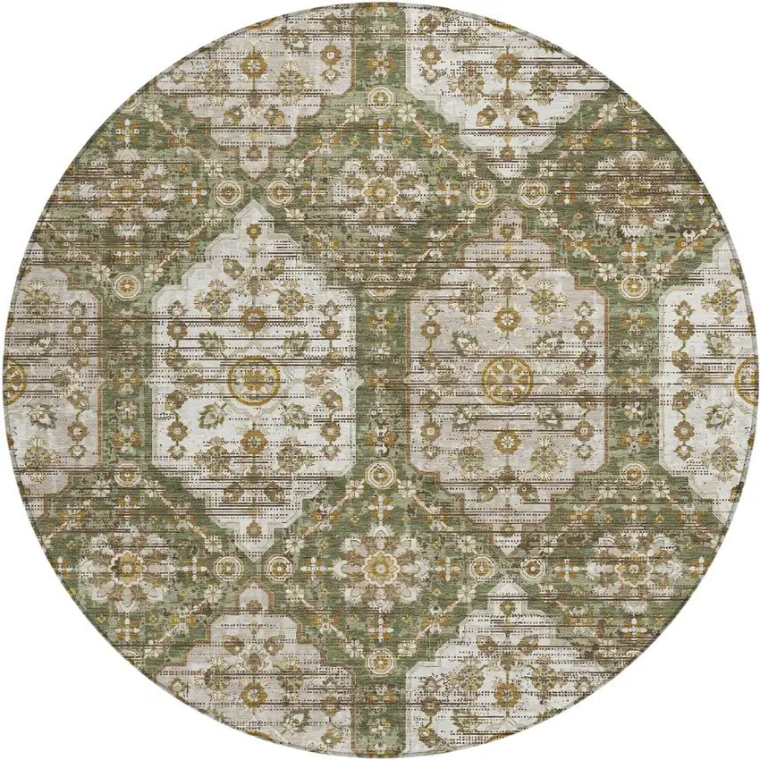 8' Olive Green And Green Round Damask Washable Indoor Outdoor Area Rug Photo 1