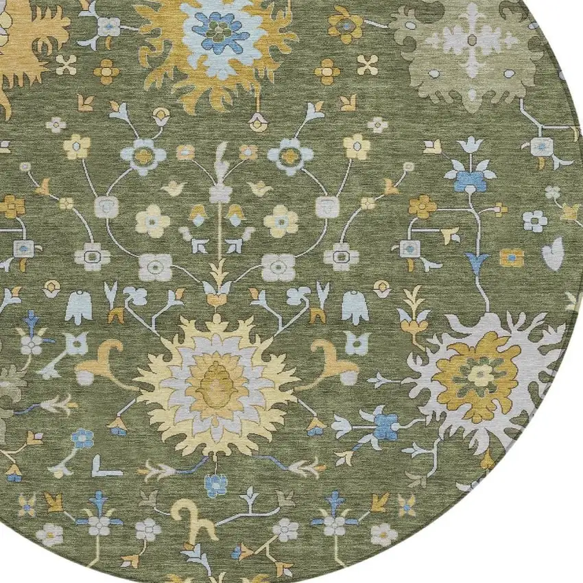 8' Olive Green And Green Round Faux Bois Washable Indoor Outdoor Area Rug Photo 2