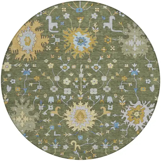8' Olive Green And Green Round Faux Bois Washable Indoor Outdoor Area Rug Photo 1