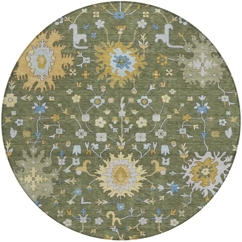 8' Olive Green And Green Round Faux Bois Washable Indoor Outdoor Area Rug Photo 1