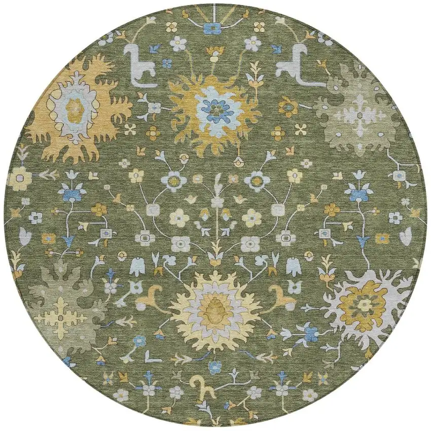 8' Olive Green And Green Round Faux Bois Washable Indoor Outdoor Area Rug Photo 3