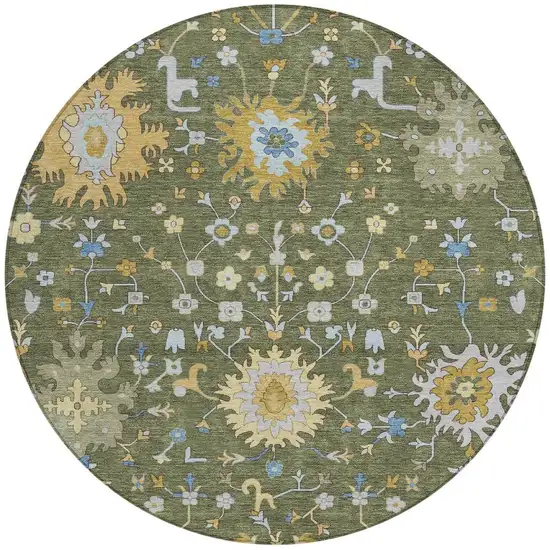 8' Olive Green And Green Round Faux Bois Washable Indoor Outdoor Area Rug Photo 3