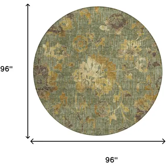 8' Olive Green And Green Round Floral Washable Indoor Outdoor Area Rug Photo 6