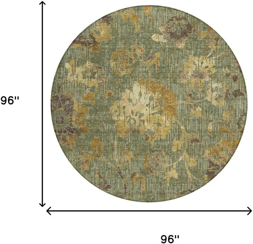 8' Olive Green And Green Round Floral Washable Indoor Outdoor Area Rug Photo 6