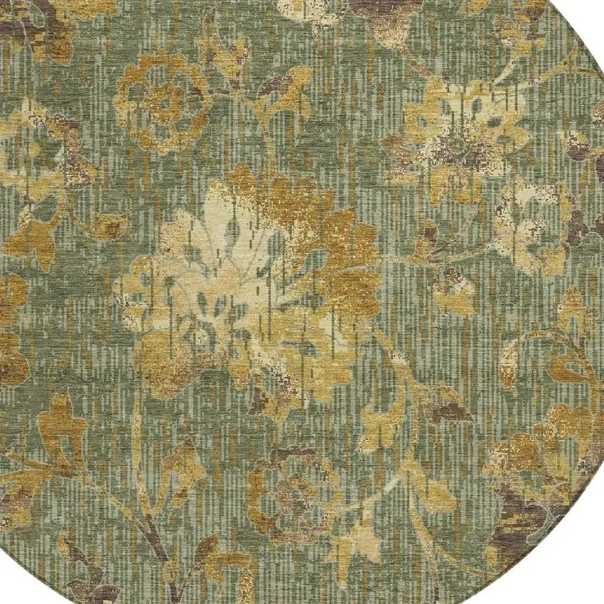 8' Olive Green And Green Round Floral Washable Indoor Outdoor Area Rug Photo 2