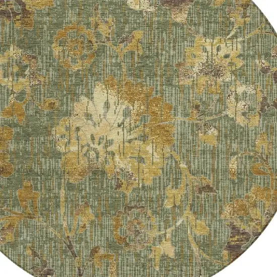 8' Olive Green And Green Round Floral Washable Indoor Outdoor Area Rug Photo 2