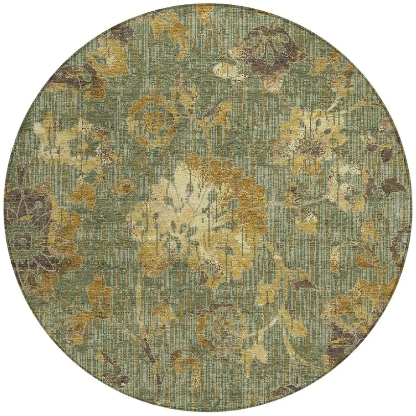 8' Olive Green And Green Round Floral Washable Indoor Outdoor Area Rug Photo 3