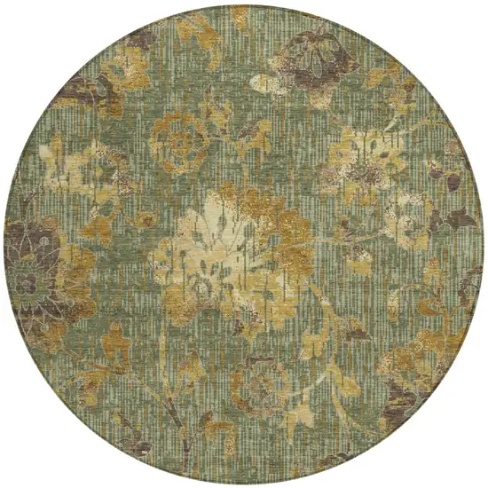 8' Olive Green And Green Round Floral Washable Indoor Outdoor Area Rug Photo 1