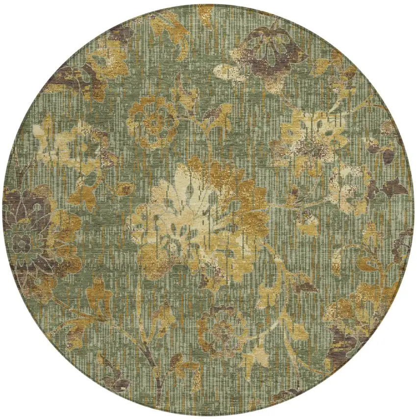 8' Olive Green And Green Round Floral Washable Indoor Outdoor Area Rug Photo 1