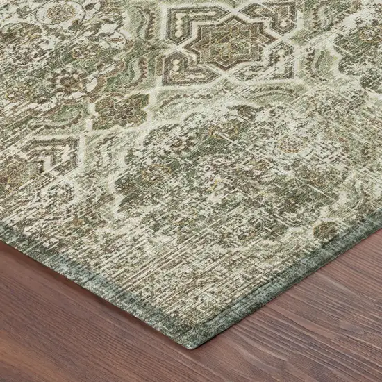 8' Olive Green And Green Round Floral Washable Indoor Outdoor Area Rug Photo 5