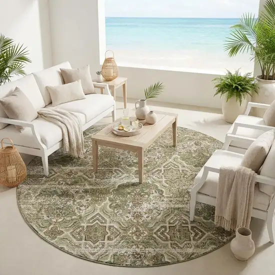 8' Olive Green And Green Round Floral Washable Indoor Outdoor Area Rug Photo 1