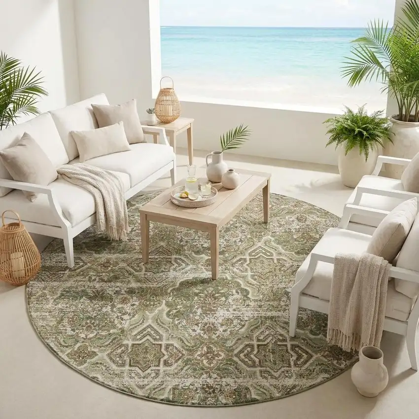 8' Olive Green And Green Round Floral Washable Indoor Outdoor Area Rug Photo 1