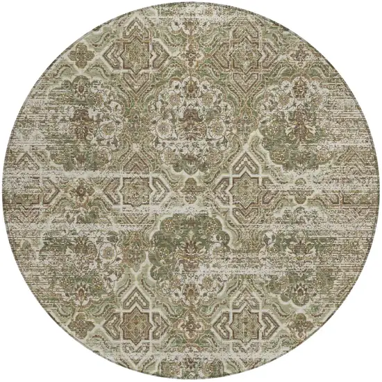 8' Olive Green And Green Round Floral Washable Indoor Outdoor Area Rug Photo 2