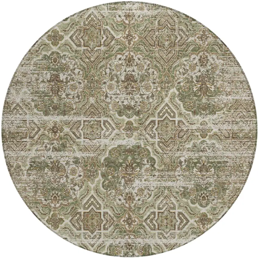8' Olive Green And Green Round Floral Washable Indoor Outdoor Area Rug Photo 2