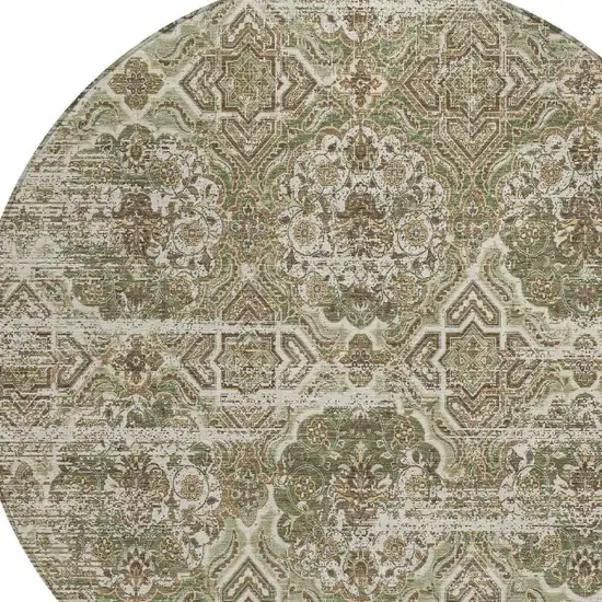 8' Olive Green And Green Round Floral Washable Indoor Outdoor Area Rug Photo 3