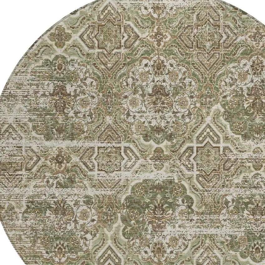8' Olive Green And Green Round Floral Washable Indoor Outdoor Area Rug Photo 3