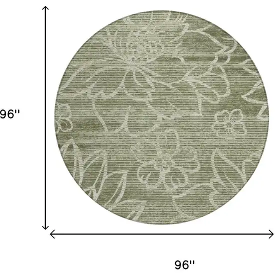8' Olive Green And Green Round Floral Washable Indoor Outdoor Area Rug Photo 5