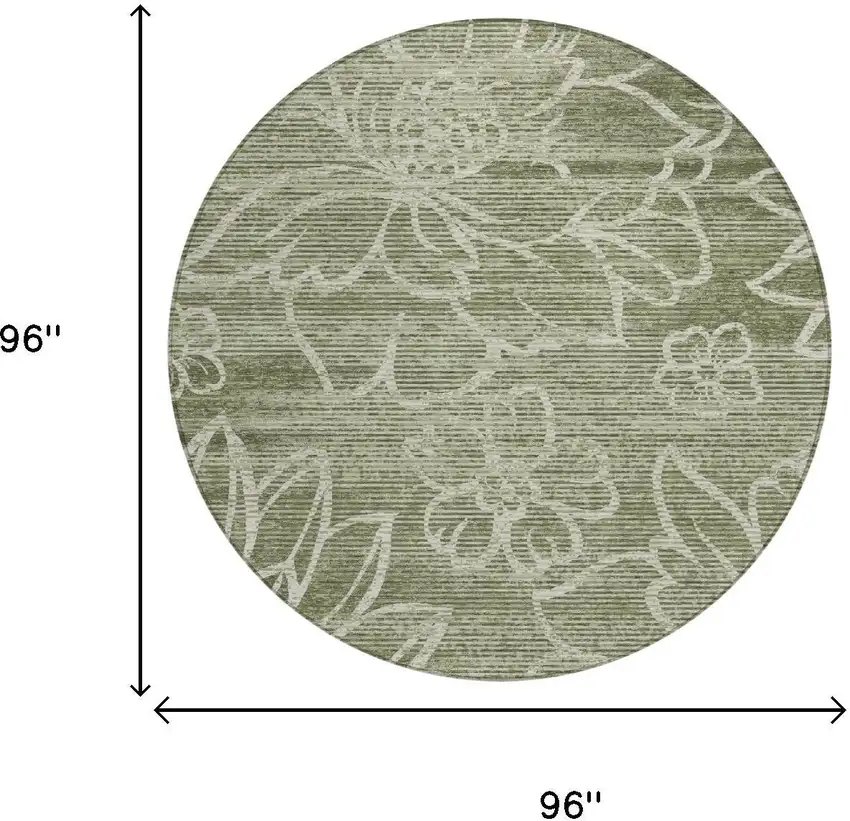 8' Olive Green And Green Round Floral Washable Indoor Outdoor Area Rug Photo 5