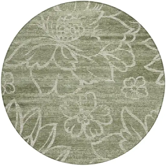 8' Olive Green And Green Round Floral Washable Indoor Outdoor Area Rug Photo 2