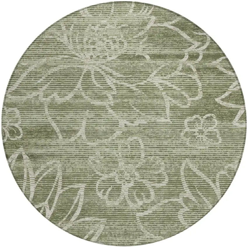 8' Olive Green And Green Round Floral Washable Indoor Outdoor Area Rug Photo 2