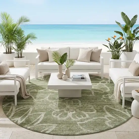 8' Olive Green And Green Round Floral Washable Indoor Outdoor Area Rug Photo 1
