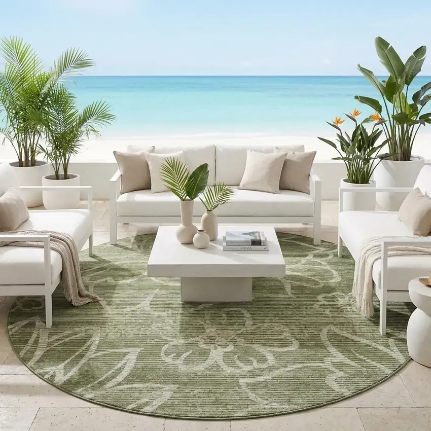 8' Olive Green And Green Round Floral Washable Indoor Outdoor Area Rug Photo 1