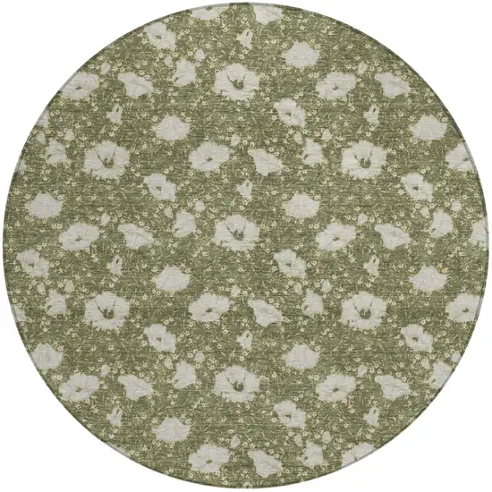 8' Olive Green And Green Round Floral Washable Indoor Outdoor Area Rug Photo 2