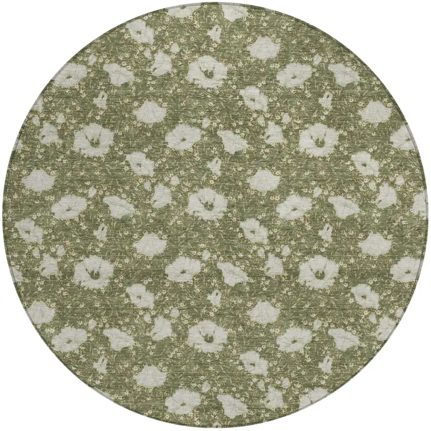 8' Olive Green And Green Round Floral Washable Indoor Outdoor Area Rug Photo 2
