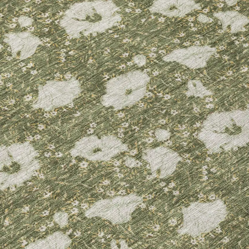 8' Olive Green And Green Round Floral Washable Indoor Outdoor Area Rug Photo 4