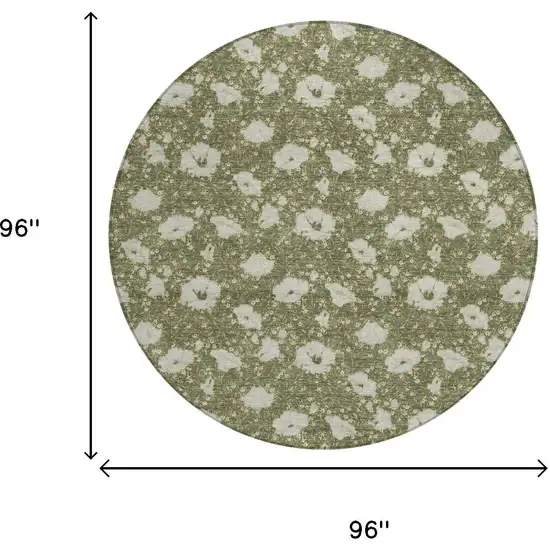 8' Olive Green And Green Round Floral Washable Indoor Outdoor Area Rug Photo 5