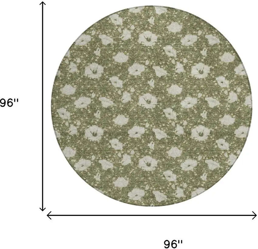 8' Olive Green And Green Round Floral Washable Indoor Outdoor Area Rug Photo 5