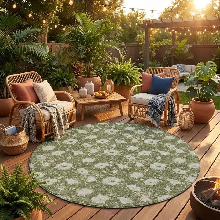 8' Olive Green And Green Round Floral Washable Indoor Outdoor Area Rug Photo 1
