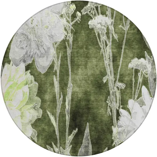 8' Olive Green And Green Round Floral Washable Indoor Outdoor Area Rug Photo 2