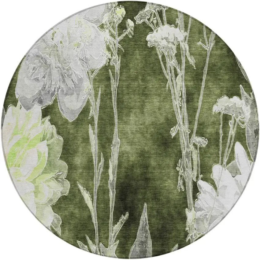 8' Olive Green And Green Round Floral Washable Indoor Outdoor Area Rug Photo 2