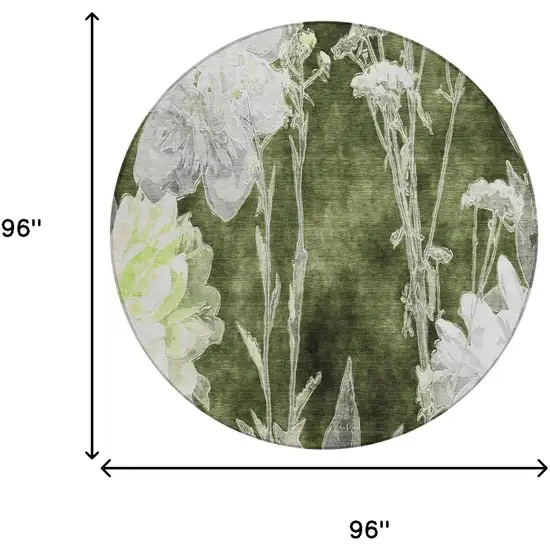 8' Olive Green And Green Round Floral Washable Indoor Outdoor Area Rug Photo 5