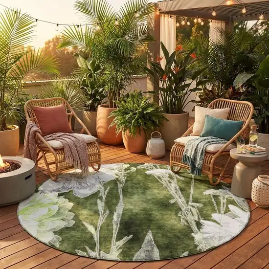 8' Olive Green And Green Round Floral Washable Indoor Outdoor Area Rug Photo 1