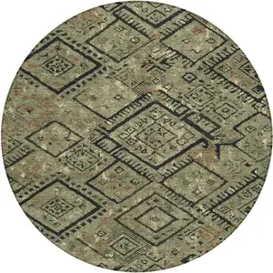 Photo of 8' Olive Green And Green Round Geometric Washable Indoor Outdoor Area Rug
