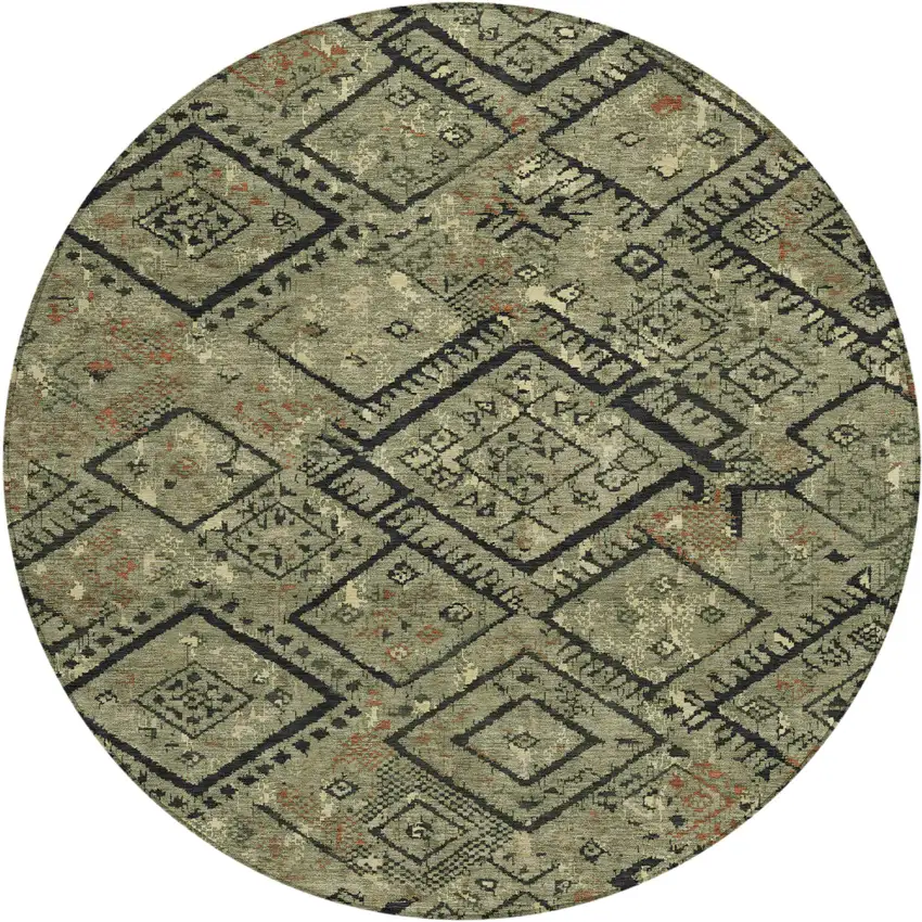 8' Olive Green And Green Round Geometric Washable Indoor Outdoor Area Rug Photo 1