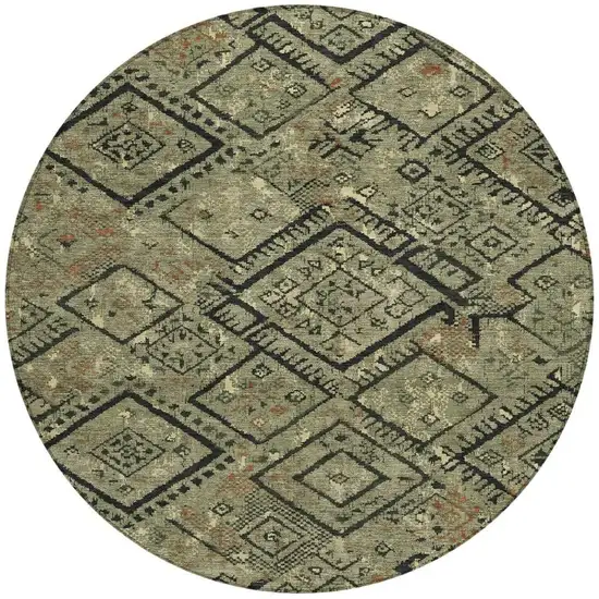 8' Olive Green And Green Round Geometric Washable Indoor Outdoor Area Rug Photo 3