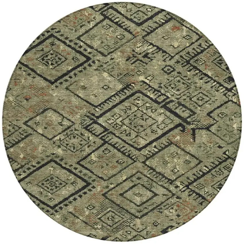 8' Olive Green And Green Round Geometric Washable Indoor Outdoor Area Rug Photo 3