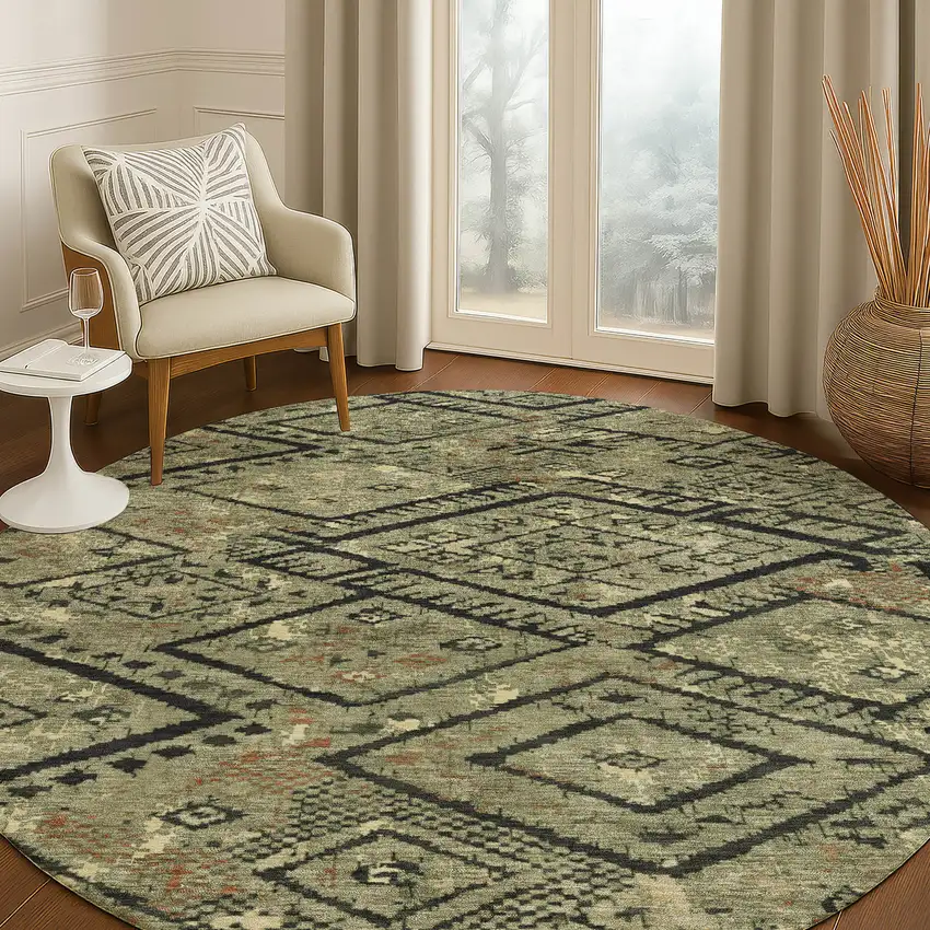 8' Olive Green And Green Round Geometric Washable Indoor Outdoor Area Rug Photo 5