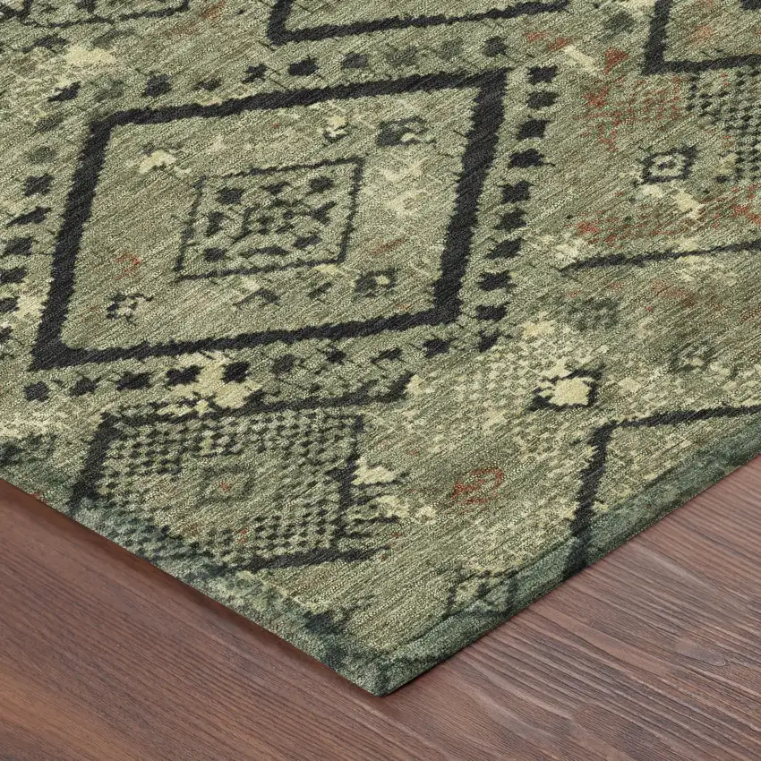 8' Olive Green And Green Round Geometric Washable Indoor Outdoor Area Rug Photo 6