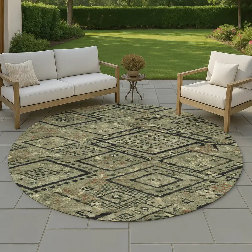 8' Olive Green And Green Round Geometric Washable Indoor Outdoor Area Rug Photo 4