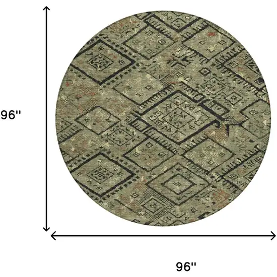 8' Olive Green And Green Round Geometric Washable Indoor Outdoor Area Rug Photo 8