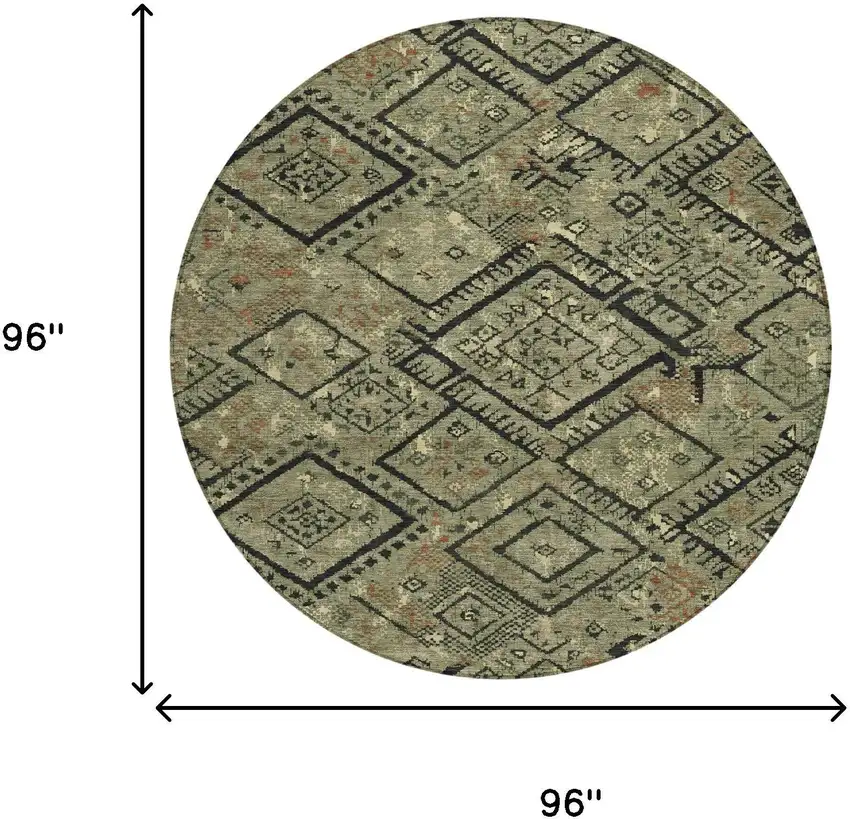 8' Olive Green And Green Round Geometric Washable Indoor Outdoor Area Rug Photo 8