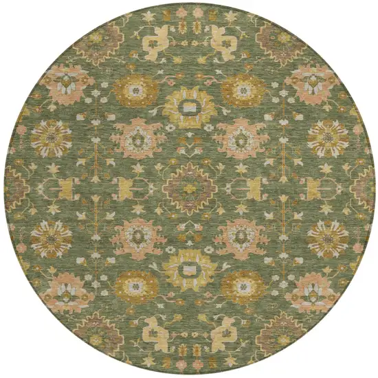 8' Olive Green And Green Round Geometric Washable Indoor Outdoor Area Rug Photo 1